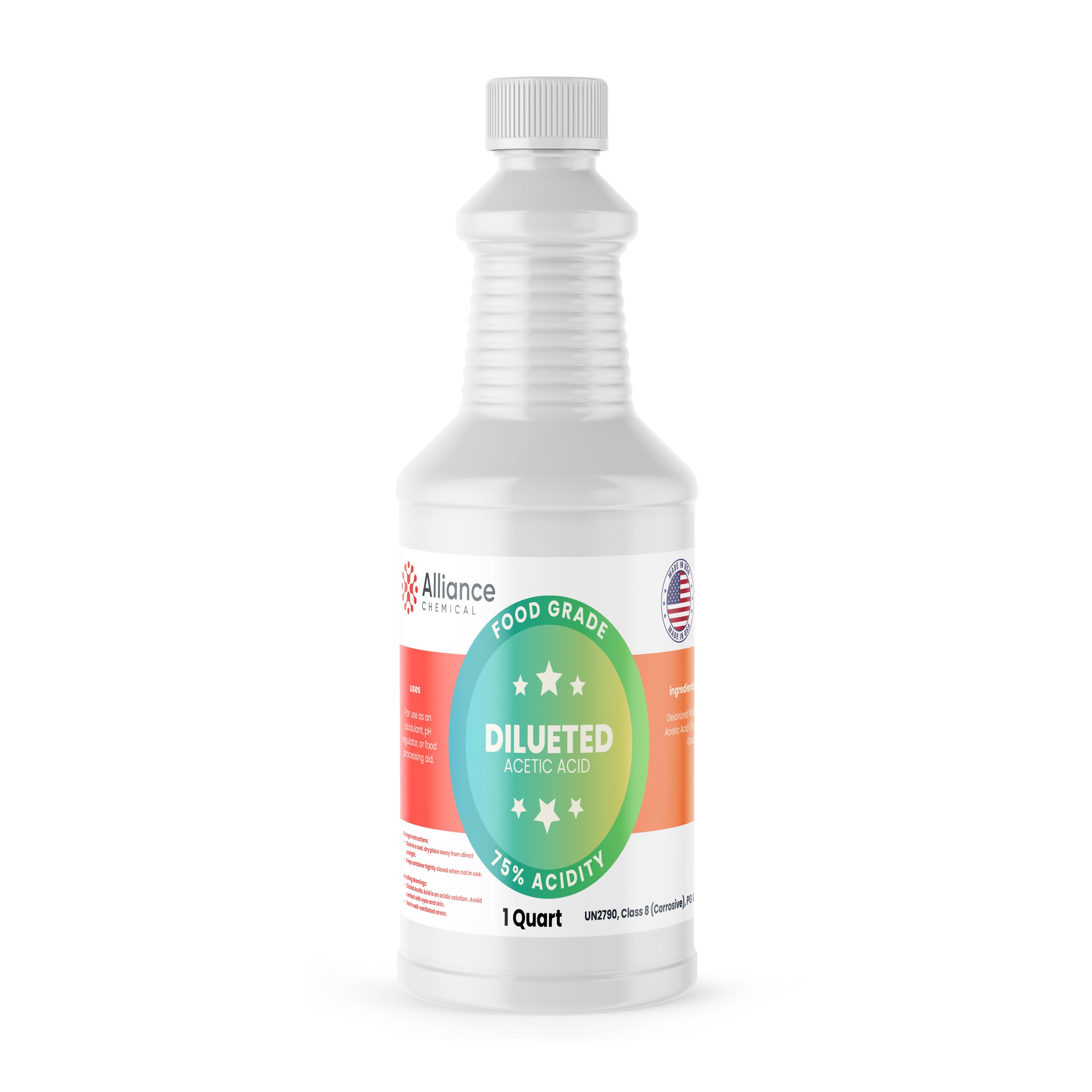 Alliance Chemical 75% diluted acetic acid food grade in clear 1-quart plastic bottle with white cap